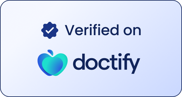 Badge with checkmark icon and text 'Verified on doctify' alongside a blue and green heart-shaped apple logo.
