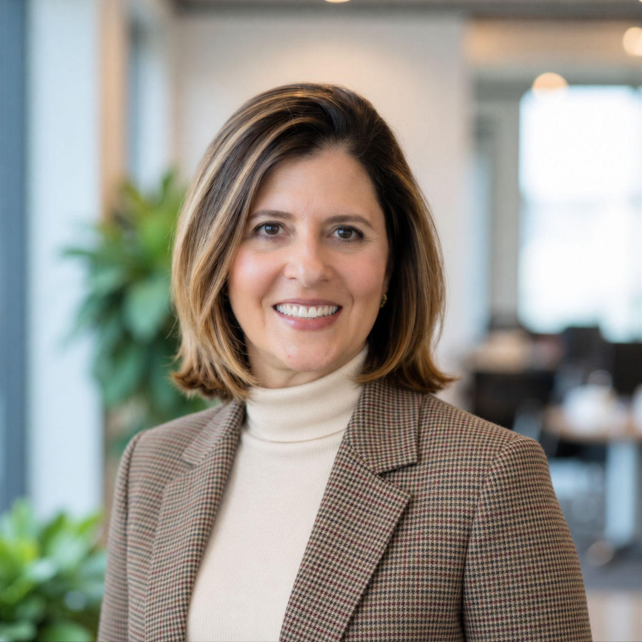 Luci Lima Leone, Executive Career Strategist and Recruiter, in a khaki checked blazer.