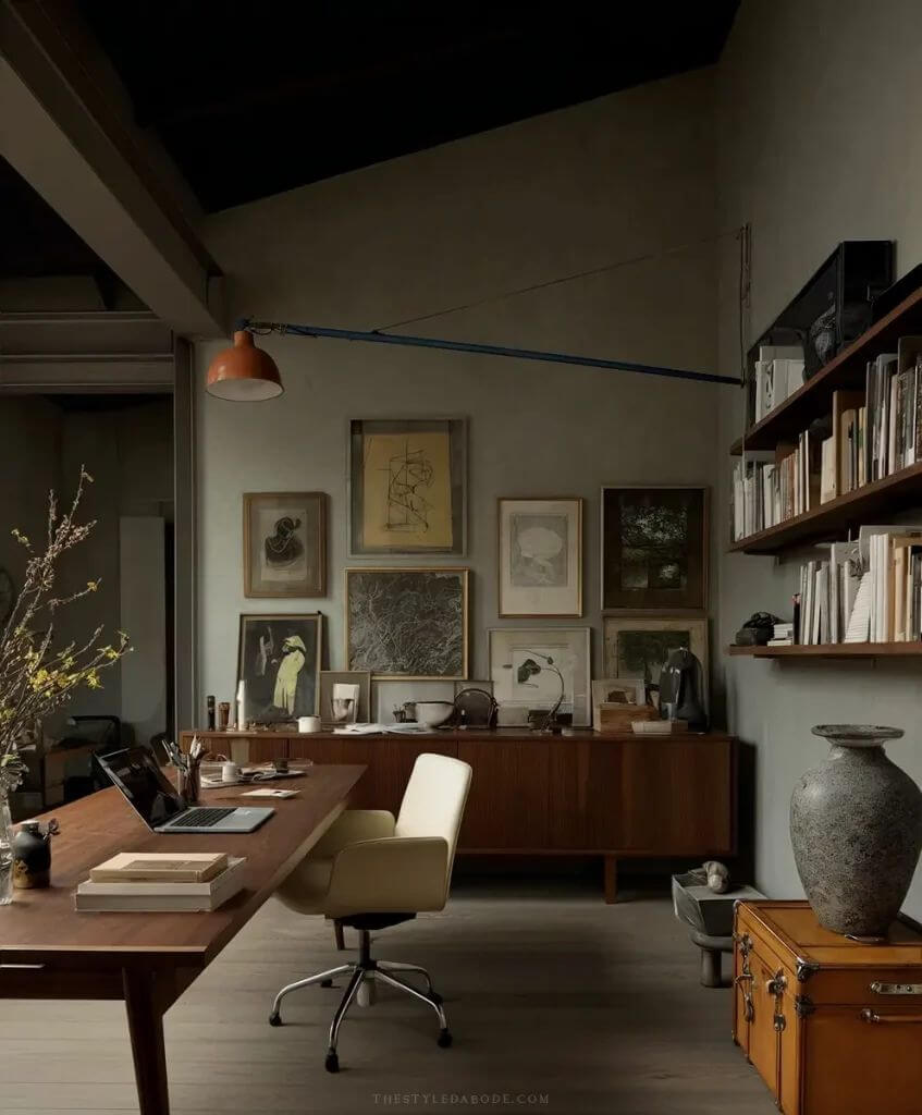 Bureau design scandinave lampe architecte fauteuil ergonomique étagères bois