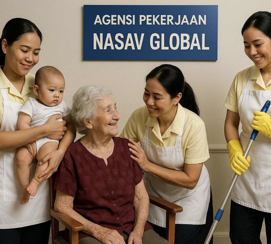 Three women caregivers in yellow shirts and white aprons assist a smiling elderly woman sitting in a chair, one holding a baby and another holding a mop, with a blue sign reading 'AGENSI PEKERJAAN NASAV GLOBAL' on the wall behind them.