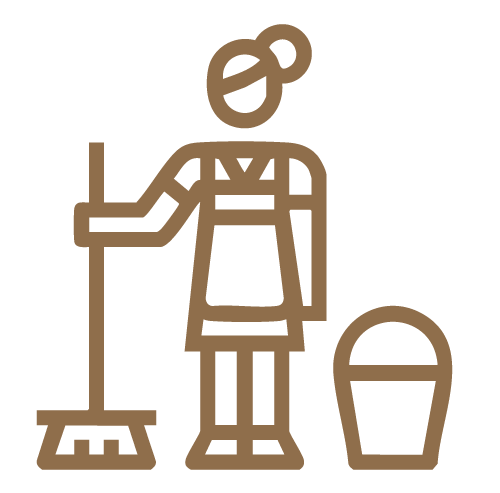 Icon of a person holding a broom next to a bucket, representing cleaning or housekeeping.