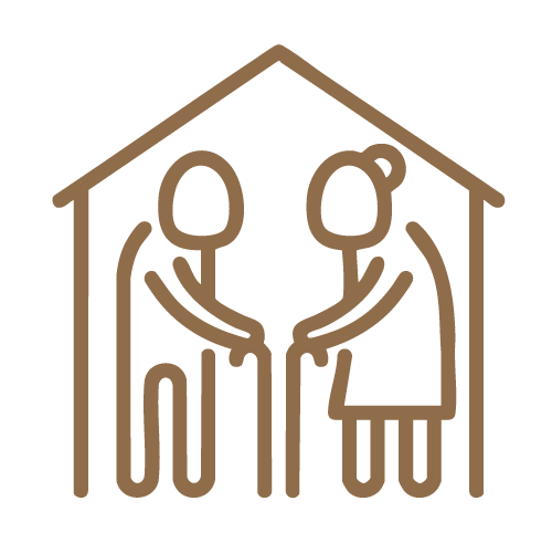 Line icon of an elderly man and woman with canes standing inside a house outline.