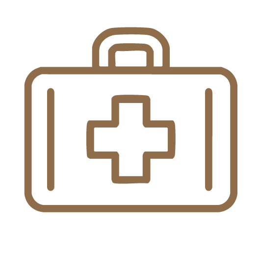 Brown outlined first aid kit with a handle and a medical cross symbol in the center.