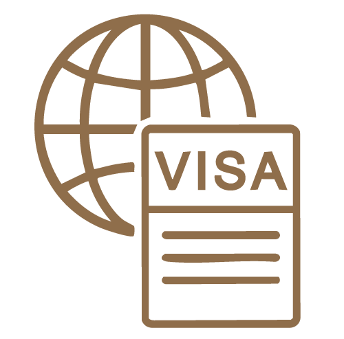 Brown outline of a globe behind a document labeled VISA.