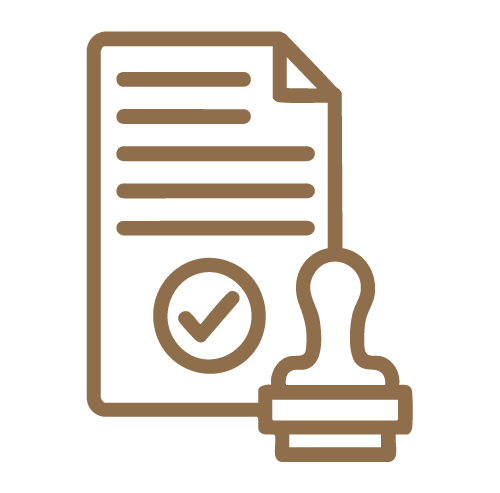 Icon of a document with lines and a checkmark, alongside a rubber stamp.