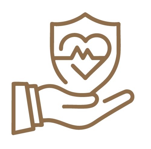Hand holding a shield with a heart symbol and heartbeat line inside, representing health insurance or protection.