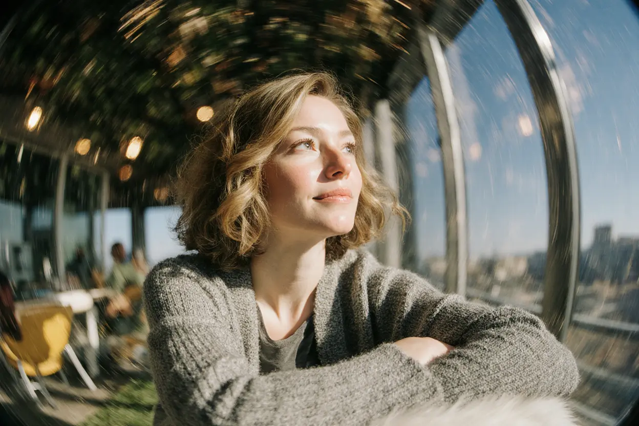 Woman with short blonde hair wearing a gray sweater, sitting indoors near large windows with sunlight on her face, looking thoughtfully outside.