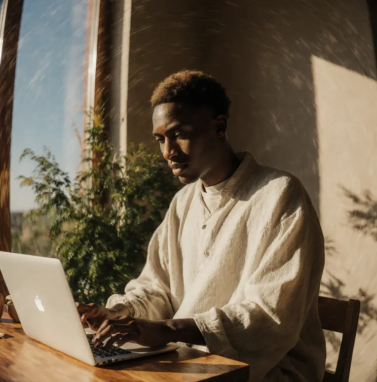 A man wearing a casual white shirt working at his laptop, sits indoor in sunlight with blurred background foliage.