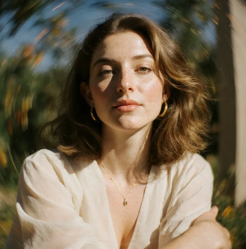Close-up of a young woman with short wavy brown hair, freckles, gold hoop earrings, and a delicate necklace, against a blurred outdoor background.