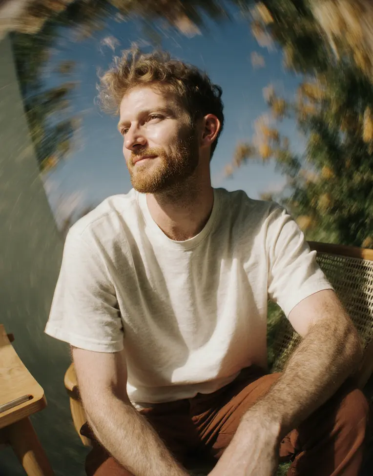 A man with curly hair and a beard, wearing a white t-shirt, sits outdoors in sunlight with blurred background foliage.