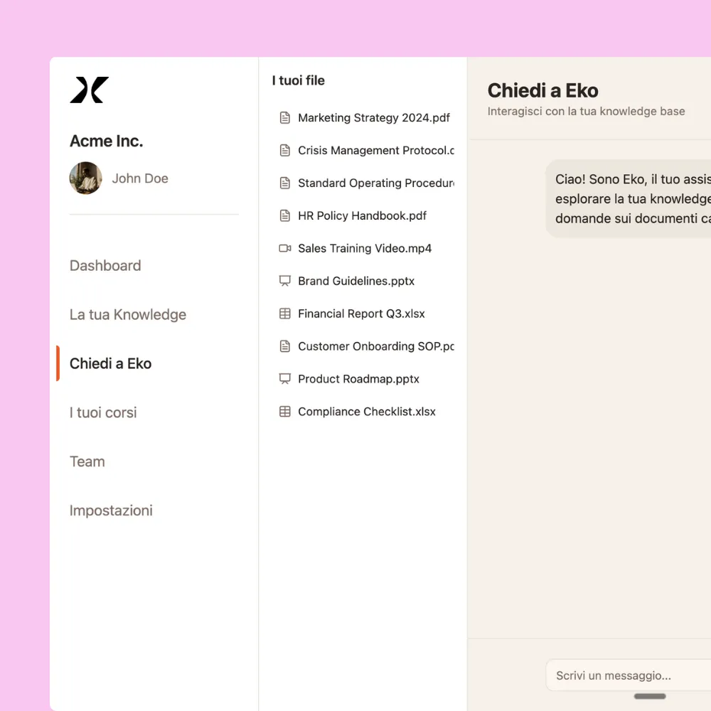 User interface of Acme Inc. file management with sidebar menu, list of files including PDFs and presentations, and a chat window titled 'Chiedi a Eko' for interacting with a knowledge base.
