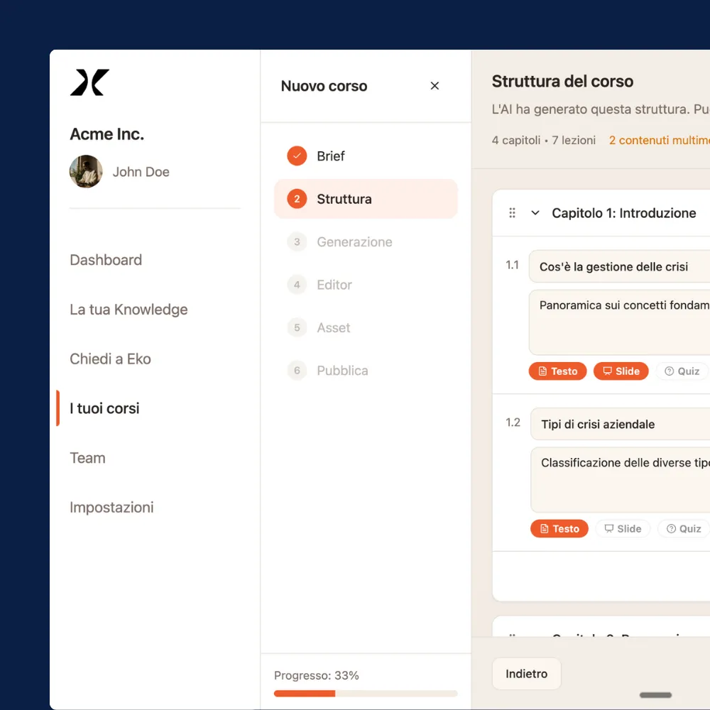 User interface showing a course creation screen in Italian with a sidebar menu, course structure steps, and chapter content including text and slide options.