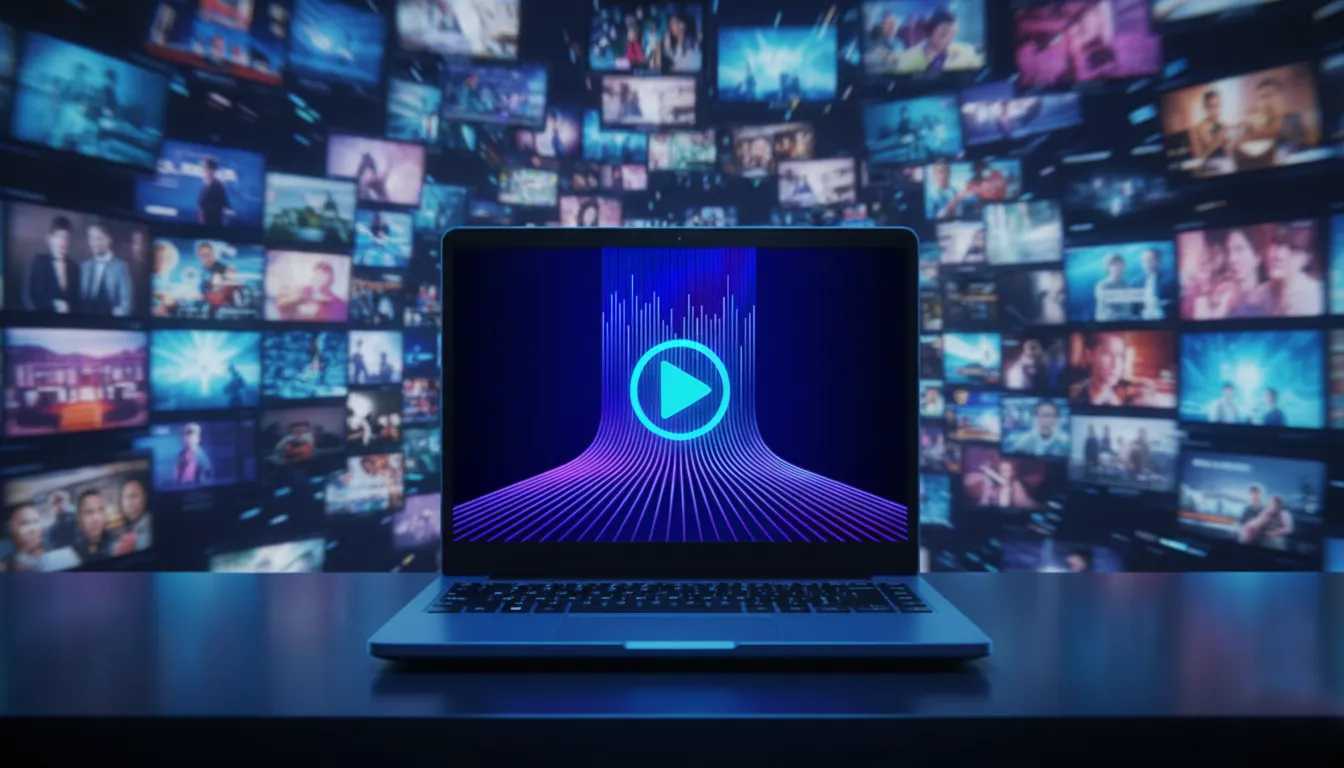 Laptop displaying video streaming interface with entertainment content thumbnails surrounding it