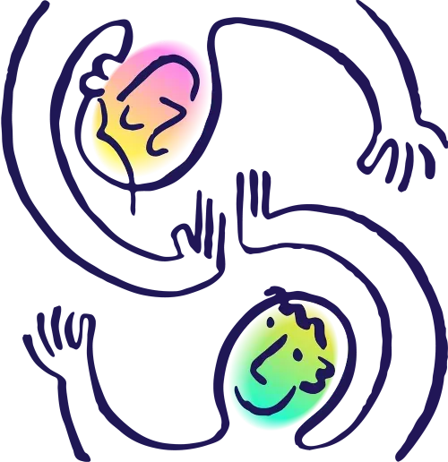 Psicon illustration of two faces in profile with rainbow gradient colours on a dark background