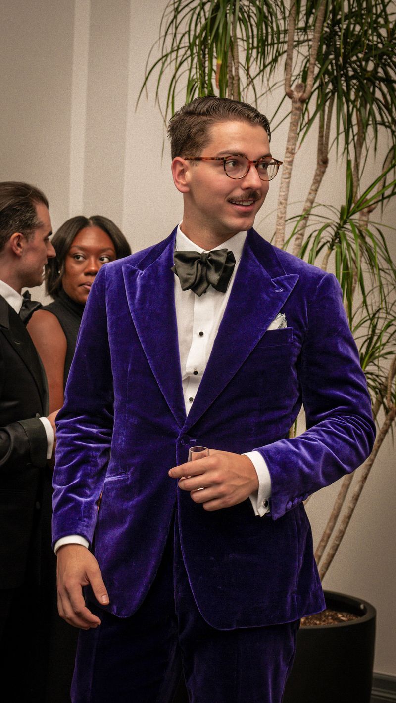 Velvet dinner jacket and silk bow tie at a black-tie evening