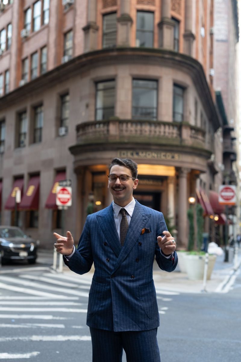 Navy pinstripe double-breasted suit in the Financial District, New York