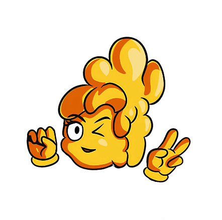 A mascot of popcorn girl showing peace sign and winking