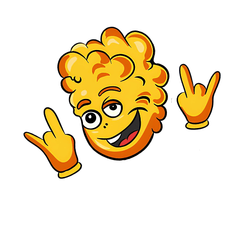 A mascot of popcorn in retro style showing sign of the horns in rock style.