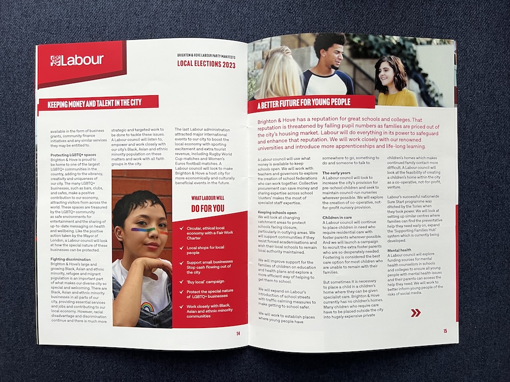 Open Labour Party manifesto booklet for Brighton & Hove local elections 2023, featuring sections on keeping money and talent in the city and a better future for young people with an image of a child and a group of smiling young adults.