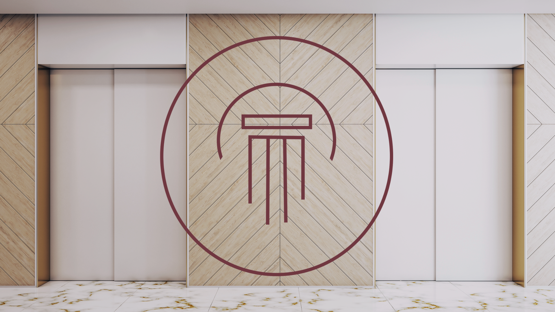 Two closed elevators with light wood paneling walls and a marble floor, featuring a maroon circular symbol on the central panel.