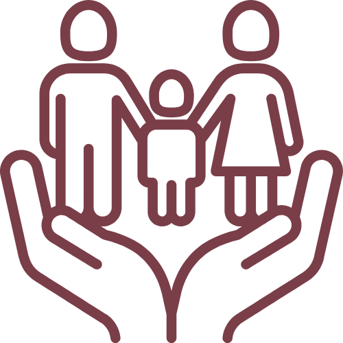 Icon of two hands holding a family of three figures representing child custody or family support.