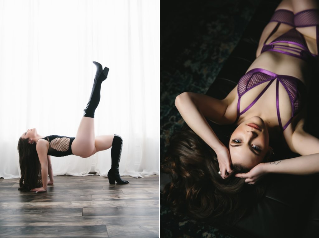 woman in black and purplelingerie