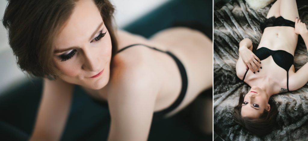 woman in black lingerie on teal couch, Boston women's empowerment photography by Lindsay Hite