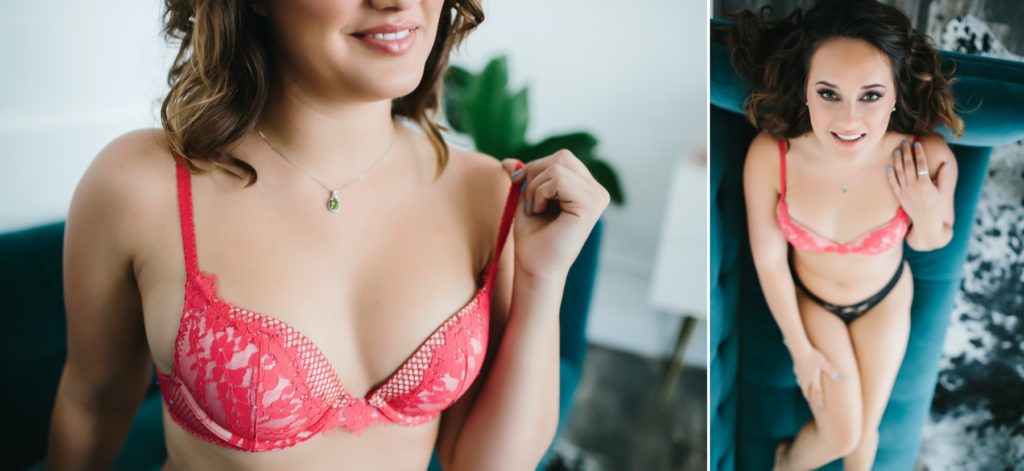 brunette in pink lingerie boudoir photography by Lindsay Hite