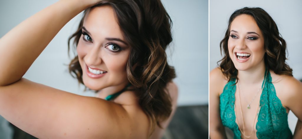 Side by side, brunette in teal lingerie boudoir photography by Lindsay Hite