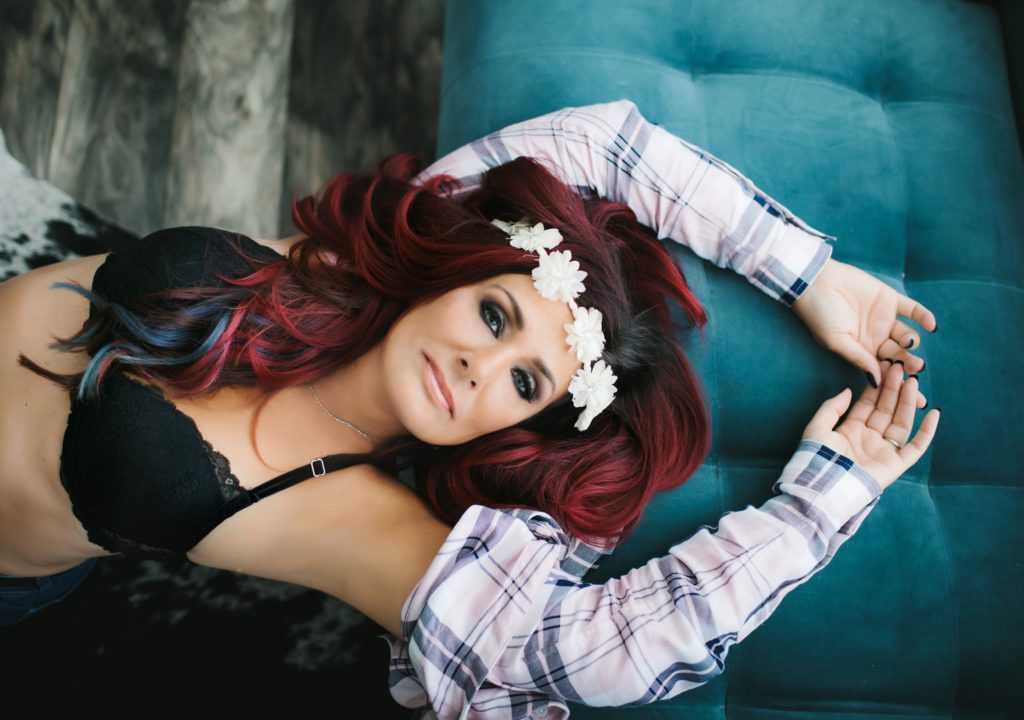 Redhead in black bra and plain shirt; Boudoir Braintree Photography, Lindsay Hite