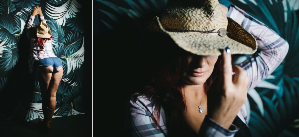 Side by Side of woman in flannel shirt with short jean shorts and cowboy hat with fern background; boudoir photography by Lindsay Hite