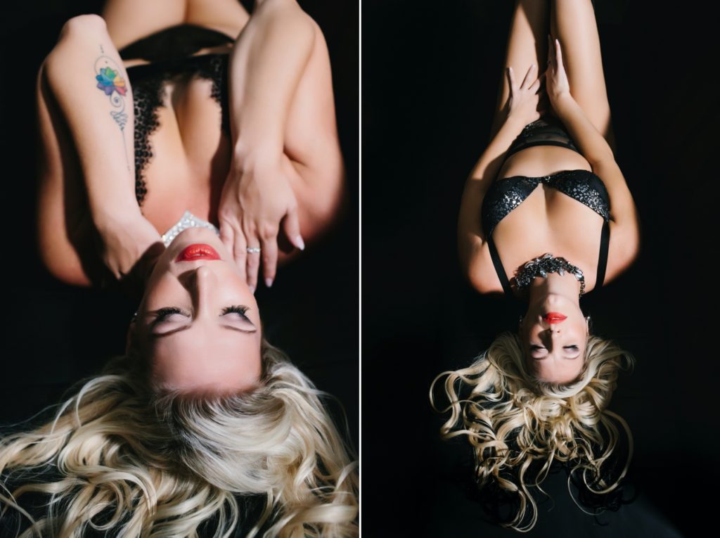 Side by side portrait of blonde woman in black lingerie; Into the Spotlight with Boudoir Photography by Lindsay Hite
