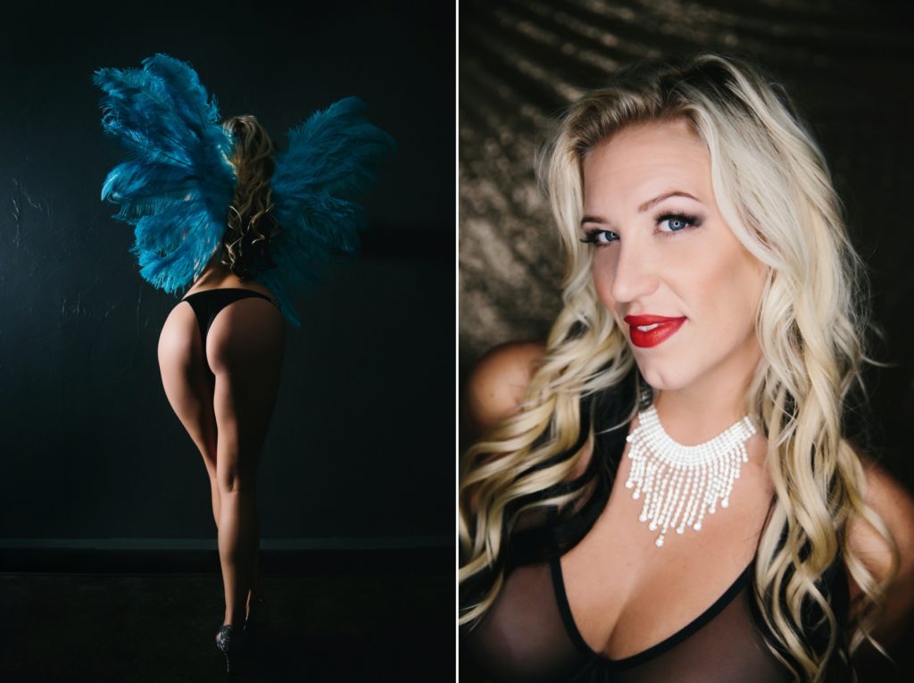 Side by side portrait of blonde woman in black lingerie; Into the Spotlight with Boudoir Photography by Lindsay Hite