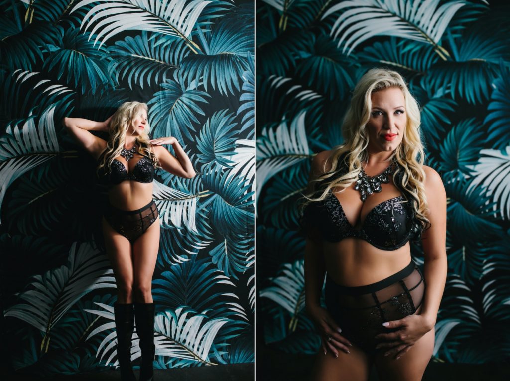Side by side portrait of blonde woman in black lingerie; Into the Spotlight with Boudoir Photography by Lindsay Hite