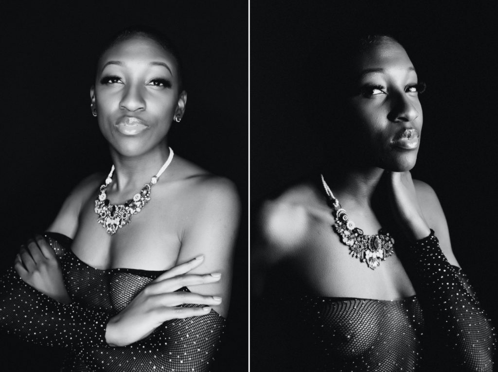 Side by side Black and White portrait of woman in mesh top; Creativity fosters creativity; boson boudoir by Lindsay Hite