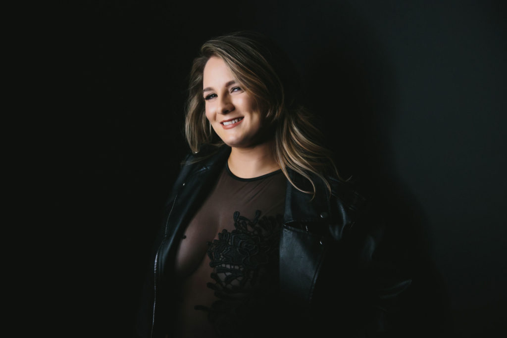 Woman in sheer bodysuit with leather jacket, what do I wear, boudoir photography by Lindsay Hite