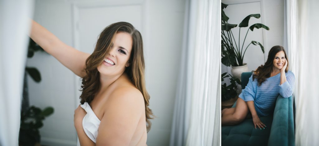 Side by side of brunette in a Transformative Boudoir Experience by Lindsay Hite; on left, woman in white sheets and white background, on right, woman in blue off shoulder sweater on teal sofa