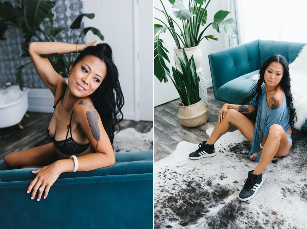 Side by side portraits of Asian woman in black lingerie, on left sitting on teal sofa, on right sitting on the floor next to teal sofa; boudoir photography by Lindsay Hite
