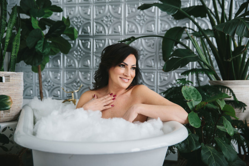 Garden Goddess Bonus Scene, brunette woman in garden tub portrait by Lindsay Hite