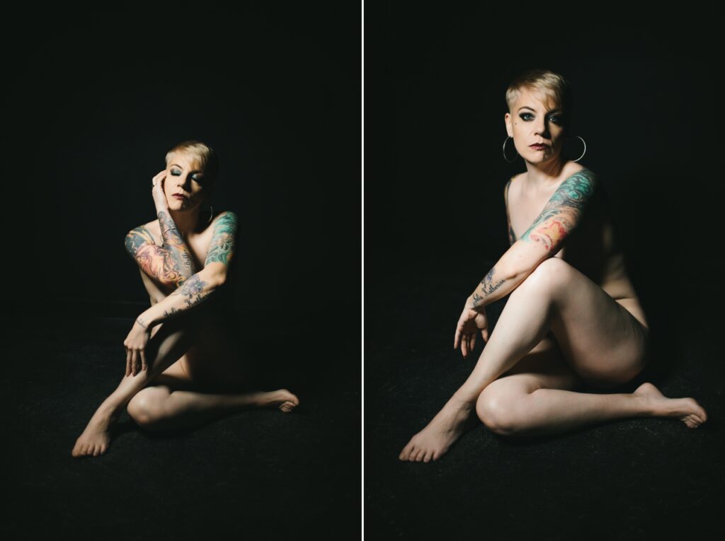 Woman sitting in the nude with a black backdrop. Photography by Lindsay Hite.