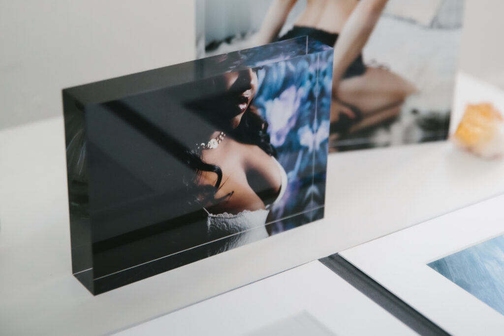 Image of crystal block artwork with boudoir photography; by Lindsay Hite