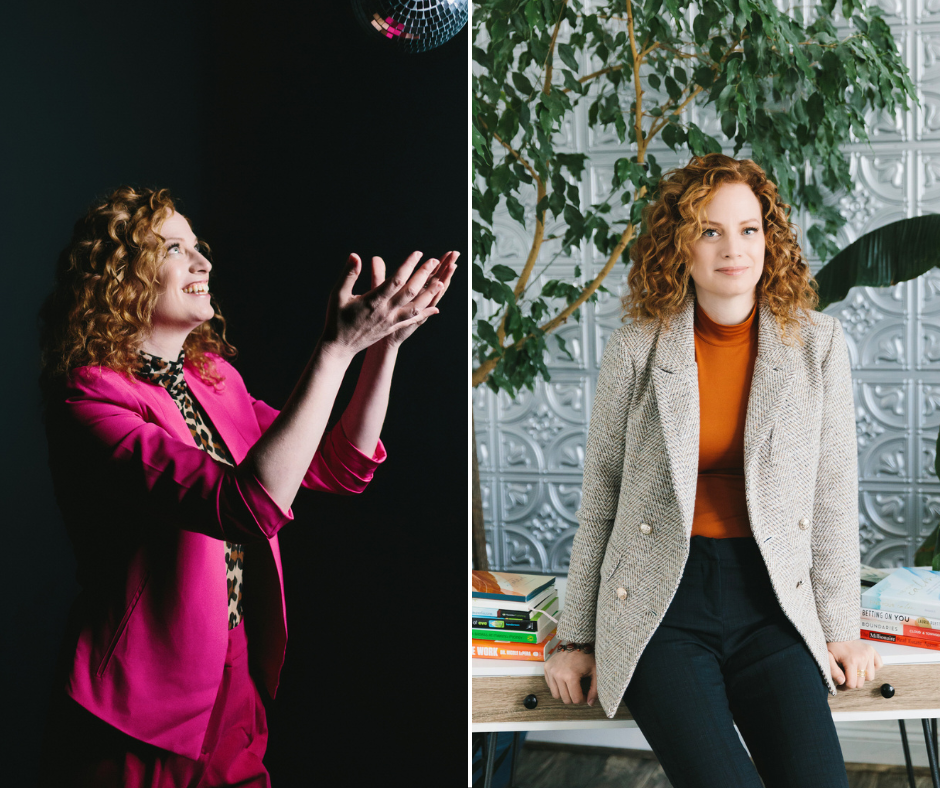 Side by side image of branding images of a woman. On the left, with a black background with the woman wearing a bright pink suit while throwing a disco ball in the air. One the right, the same woman wearing a tweed jacket and burnt orange top leaning against a table. Photography by Lindsay Hite.