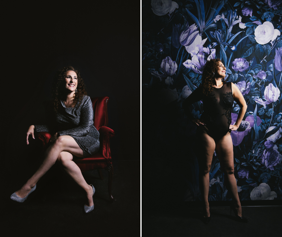 Side by side images of woman silver dress and black lingerie at Show Your Spark boudoir photography studio. 