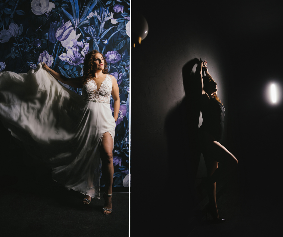 Side by side images of woman in wedding dress and black lingerie at Show Your Spark photography studio. 
