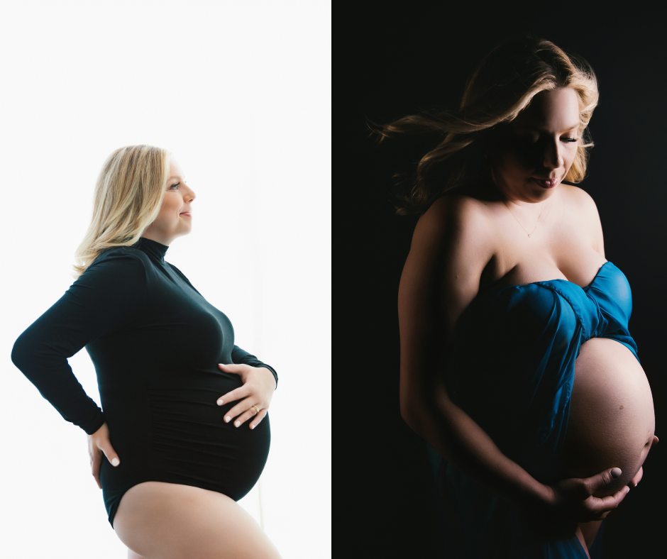 Side by side image of a pregnant woman.  On the left, in a black long sleeved body suit with a white backdrop.  On the right, draped in blue silks with a black backdrop.  Photography by Lindsay Hite