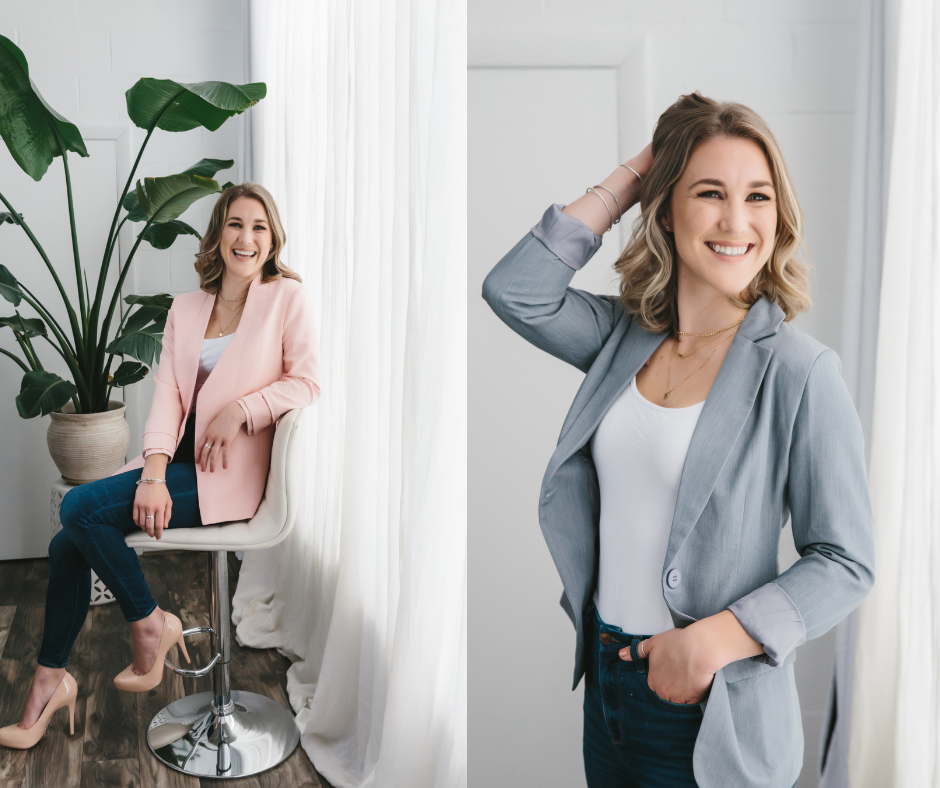 Side by side headshot images of a woman in a pink and navy blazer.  Photography by Lindsay Hite
