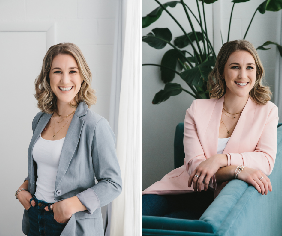 Side by side headshot images of a woman in a pink and navy blazer.  Photography by Lindsay Hite