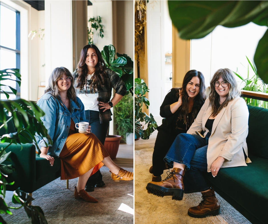 Side by side image of 2 co-business owners sitting on a green cough with flora behind them. Branding photography by Lindsay Hite.