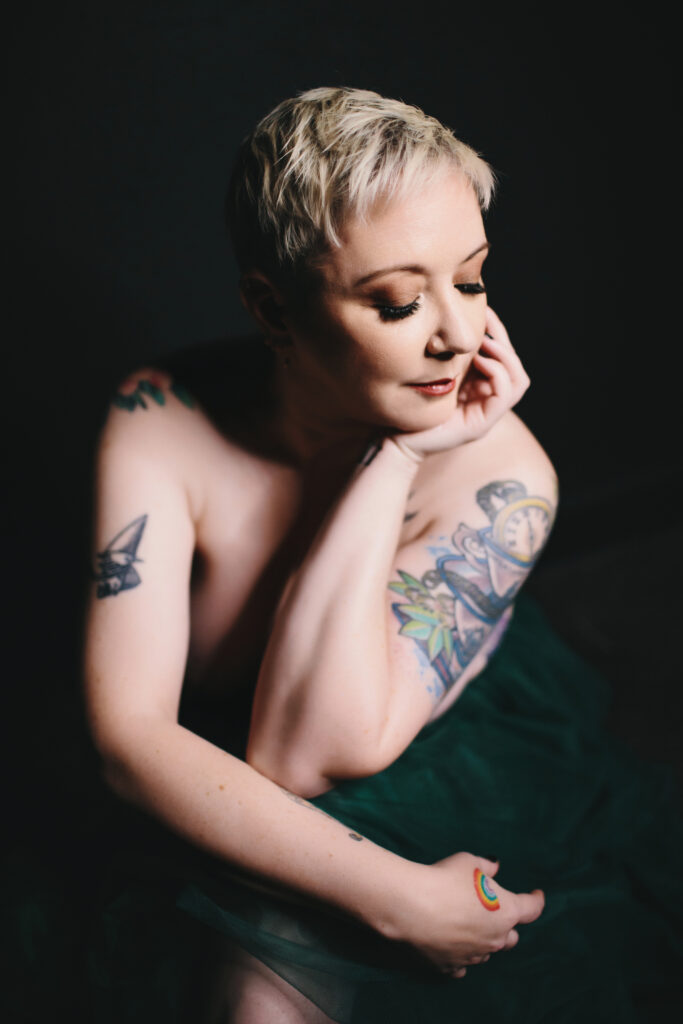 Fierce after Forty- woman topless in a green skirt living life without limits.  Photography by Lindsay Hite