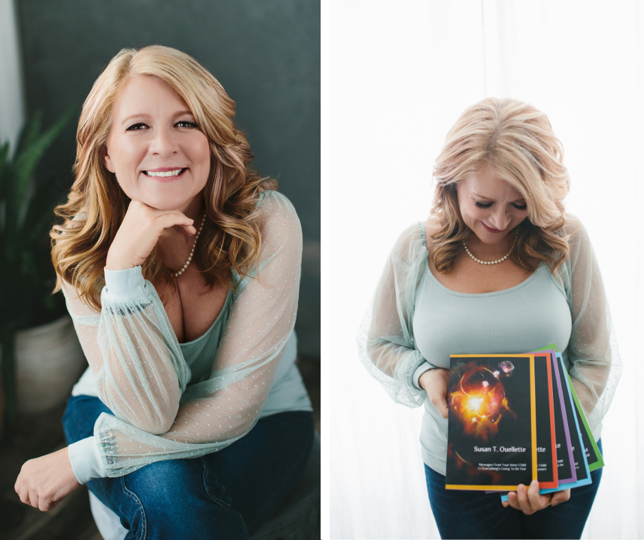 Side by side image of woman in pale teal top. On left, looking at the camera. on the right, looking down at books she's written. Photography by Lindsay Hite